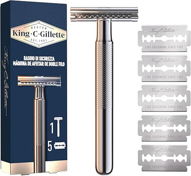 King C. Gillette Maquinilla De Afeitar De Doble Filo Para Hombre Con Mango De Metal De Larga Duración Y Revestimiento Antifricción Para Perfilado De Precisión Y Clásico, Con 5 Hojas